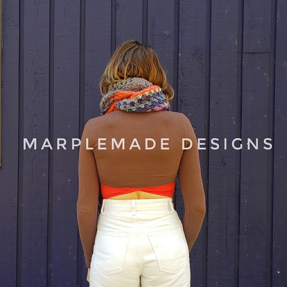 NWT* Handmade wrap scarf💜 MarpleMade Designs,  the Mix Up scarf, denim/orange - Picture 5 of 11